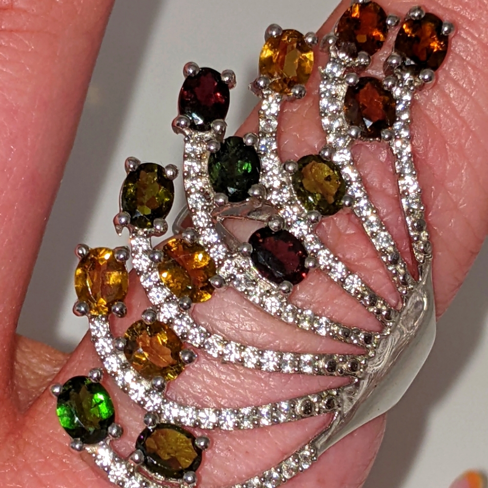 Multi-colored Tourmaline Gemstone Fan Design Ring Sterling Silver - Picture 3 of 14